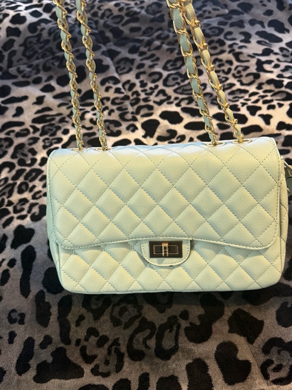 Quilted Mint Shoulder Bag with Gold Chain Strap